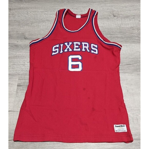 Vtg 80's Nylon Sand Knit Philly NBA 76ers SIXERS Jersey Julius Erving Dr J Sz L - Picture 1 of 11